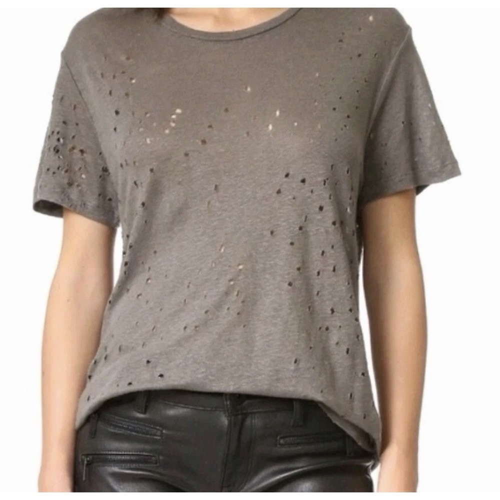 IRO Women's Size M Linen "Clay" Distressed T-Shirt Smoke Gray Short Sleeve Top